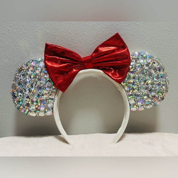 Disney Ears Rhinestones Red Bow Handmade - Picture 2 of 5